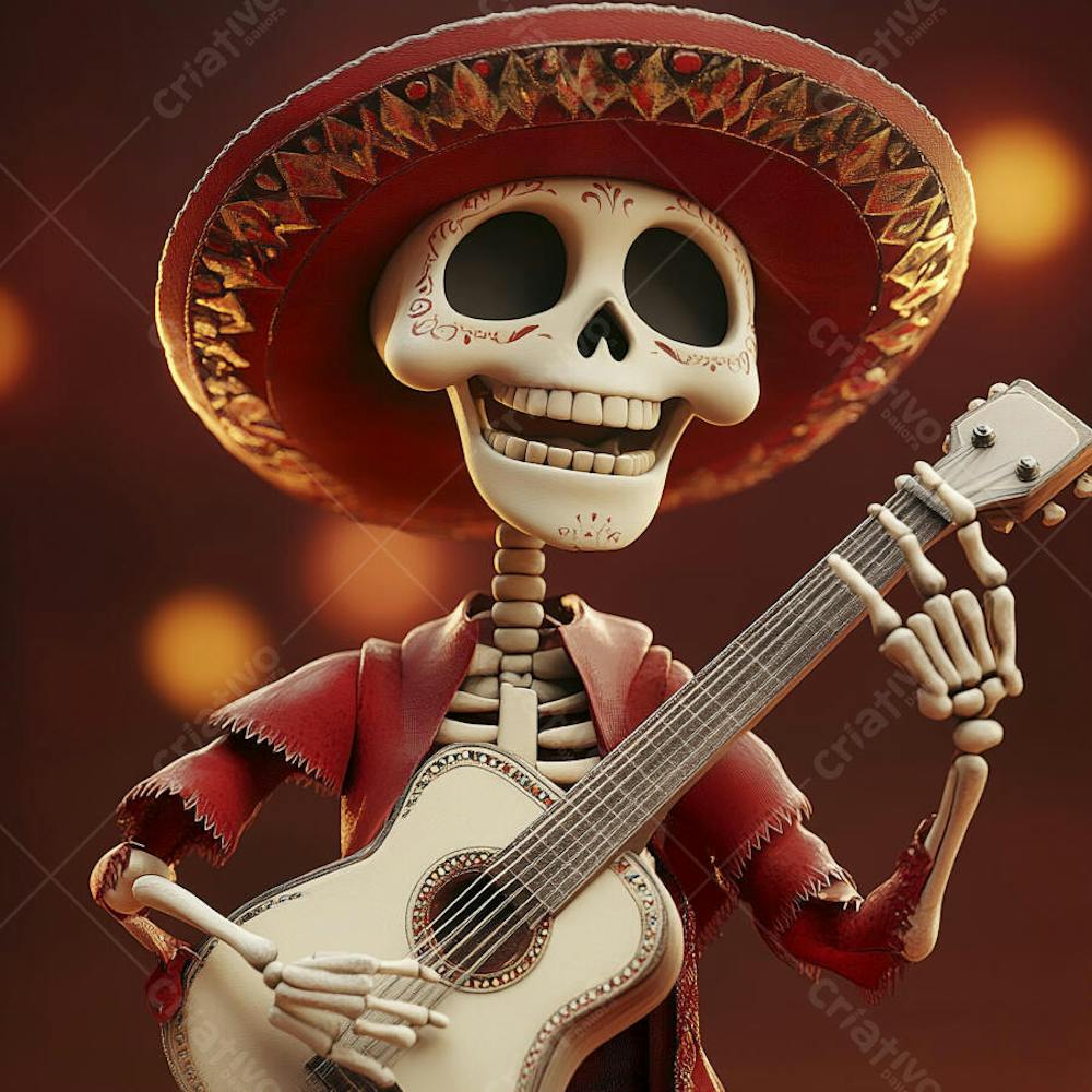 Ilustração 3D de Esqueleto Mexicano com Sombrero Tocando Violão em Fundo Vermelho para Celebração do Dia de Los Muertos