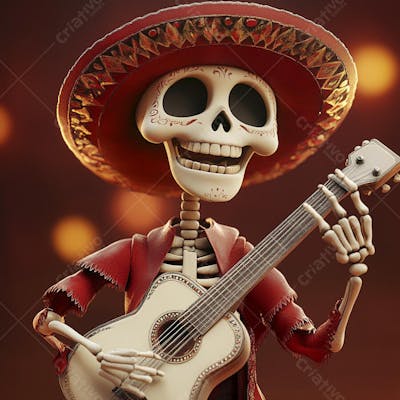 Ilustração 3D de Esqueleto Mexicano com Sombrero Tocando Violão em Fundo Vermelho para Celebração do Dia de Los Muertos