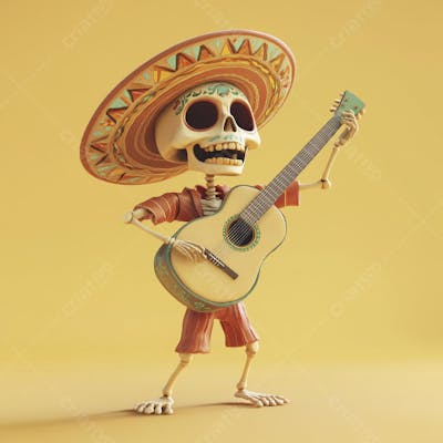 Ilustração 3D de Esqueleto Mexicano com Sombrero Tocando Violão em Fundo Vermelho para Celebração do Dia de Los Muertos