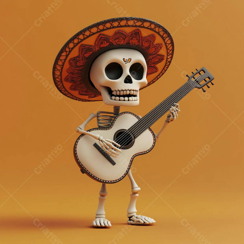 Ilustração 3D de Esqueleto Mexicano com Sombrero Tocando Violão em Fundo Vermelho para Celebração do Dia de Los Muertos