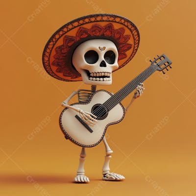 Ilustração 3D de Esqueleto Mexicano com Sombrero Tocando Violão em Fundo Vermelho para Celebração do Dia de Los Muertos