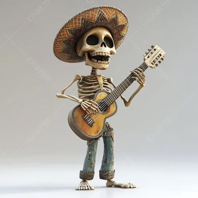 Ilustração 3D de Esqueleto Mexicano com Sombrero Tocando Violão em Fundo Vermelho para Celebração do Dia de Los Muertos