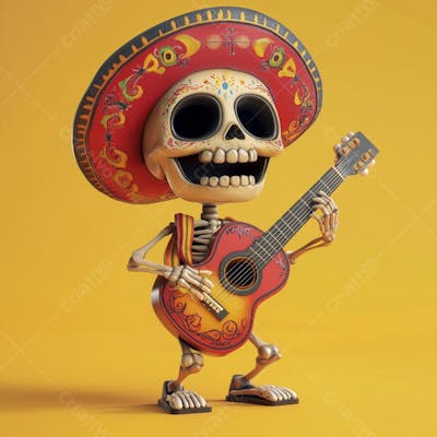 Ilustração 3D de Esqueleto Mexicano com Sombrero Tocando Violão em Fundo Vermelho para Celebração do Dia de Los Muertos