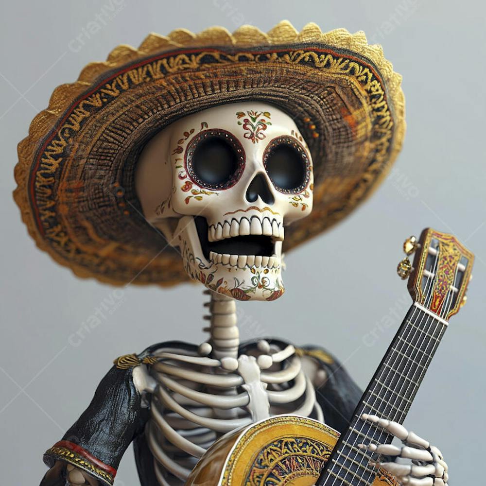 Ilustração 3D de Esqueleto Mexicano com Sombrero Tocando Violão em Fundo Vermelho para Celebração do Dia de Los Muertos