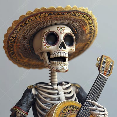 Ilustração 3D de Esqueleto Mexicano com Sombrero Tocando Violão em Fundo Vermelho para Celebração do Dia de Los Muertos