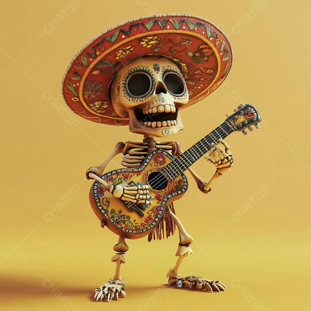 Ilustração 3D de Esqueleto Mexicano com Sombrero Tocando Violão em Fundo Vermelho para Celebração do Dia de Los Muertos