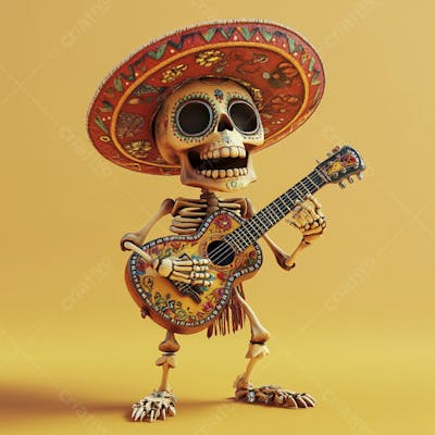 Ilustração 3D de Esqueleto Mexicano com Sombrero Tocando Violão em Fundo Vermelho para Celebração do Dia de Los Muertos
