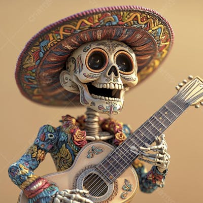 Ilustração 3D de Esqueleto Mexicano com Sombrero Tocando Violão em Fundo Vermelho para Celebração do Dia de Los Muertos