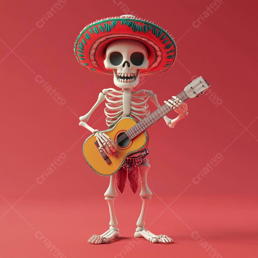 Esqueleto tocando violão com sombrero mexicano