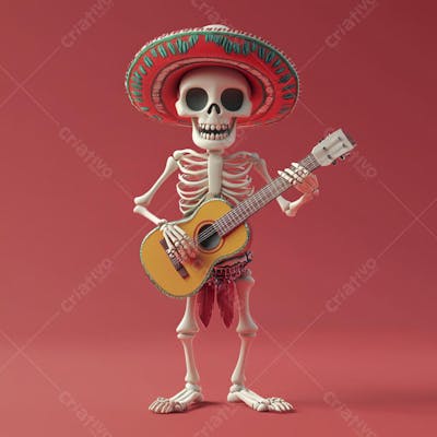 Ilustração 3D de Esqueleto Mexicano com Sombrero Tocando Violão em Fundo Vermelho para Celebração do Dia de Los Muertos