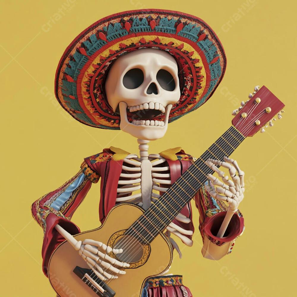 Ilustração 3D de Esqueleto Mexicano com Sombrero Tocando Violão em Fundo Vermelho para Celebração do Dia de Los Muertos