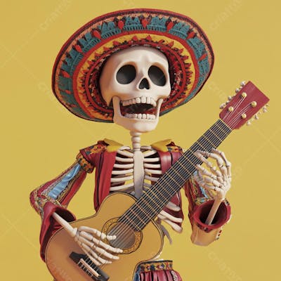 Ilustração 3D de Esqueleto Mexicano com Sombrero Tocando Violão em Fundo Vermelho para Celebração do Dia de Los Muertos