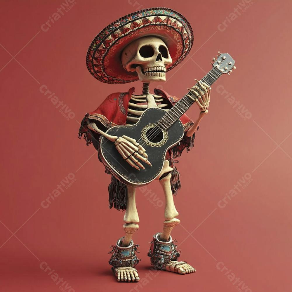Ilustração 3D de Esqueleto Mexicano com Sombrero Tocando Violão em Fundo Vermelho para Celebração do Dia de Los Muertos