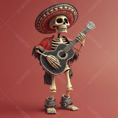 Ilustração 3D de Esqueleto Mexicano com Sombrero Tocando Violão em Fundo Vermelho para Celebração do Dia de Los Muertos