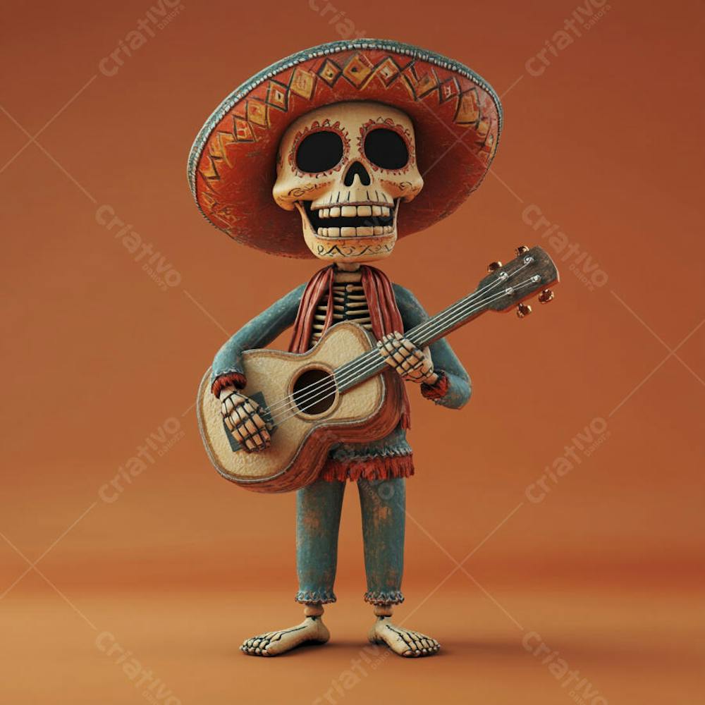 Ilustração 3D de Esqueleto Mexicano com Sombrero Tocando Violão em Fundo Vermelho para Celebração do Dia de Los Muertos