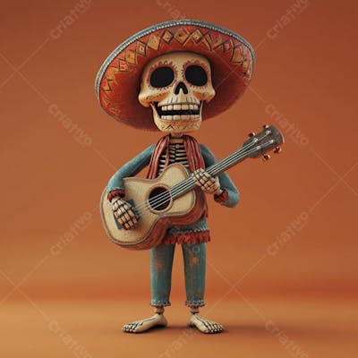 Ilustração 3D de Esqueleto Mexicano com Sombrero Tocando Violão em Fundo Vermelho para Celebração do Dia de Los Muertos
