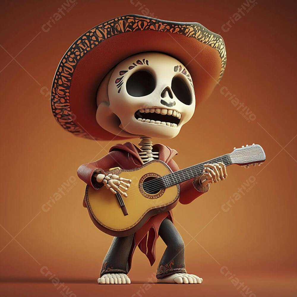 Ilustração 3D de Esqueleto Mexicano com Sombrero Tocando Violão em Fundo Vermelho para Celebração do Dia de Los Muertos