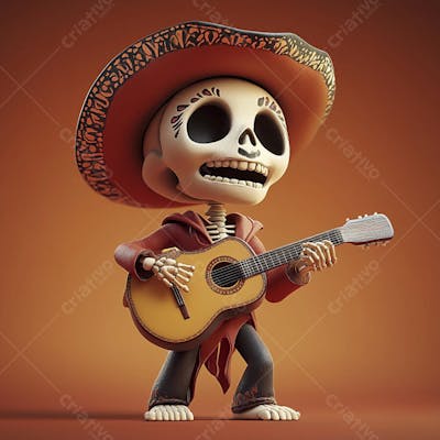 Ilustração 3D de Esqueleto Mexicano com Sombrero Tocando Violão em Fundo Vermelho para Celebração do Dia de Los Muertos