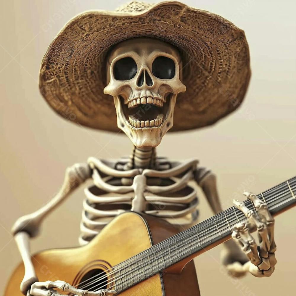 Ilustração 3D de Esqueleto Mexicano com Sombrero Tocando Violão em Fundo Vermelho para Celebração do Dia de Los Muertos