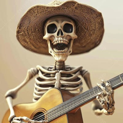 Ilustração 3D de Esqueleto Mexicano com Sombrero Tocando Violão em Fundo Vermelho para Celebração do Dia de Los Muertos