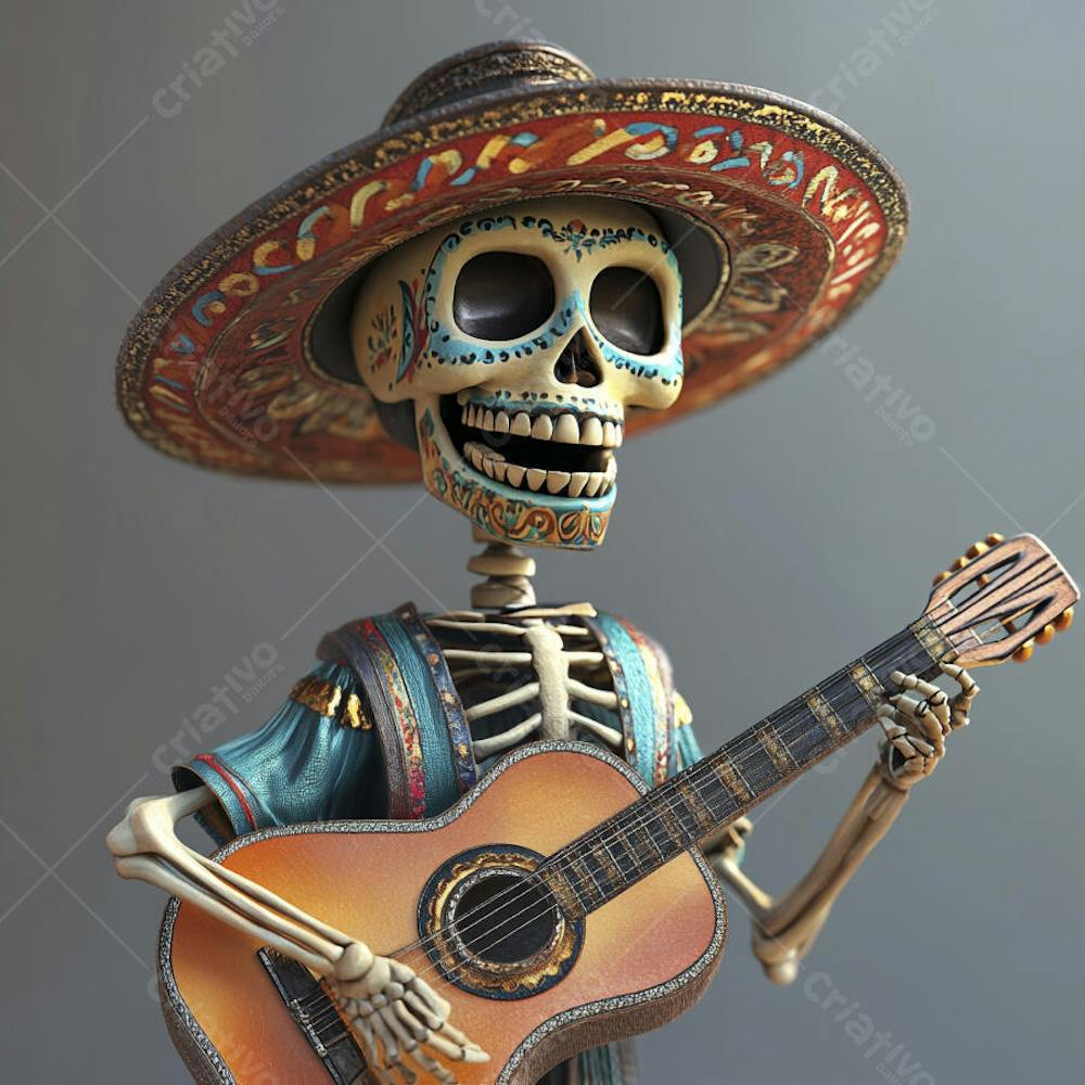 Ilustração 3D de Esqueleto Mexicano com Sombrero Tocando Violão em Fundo Vermelho para Celebração do Dia de Los Muertos