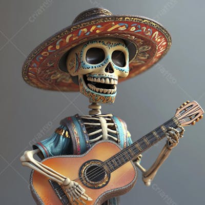 Ilustração 3D de Esqueleto Mexicano com Sombrero Tocando Violão em Fundo Vermelho para Celebração do Dia de Los Muertos