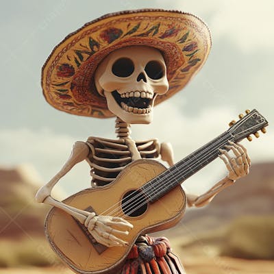 Ilustração 3D de Esqueleto Mexicano com Sombrero Tocando Violão em Fundo Vermelho para Celebração do Dia de Los Muertos