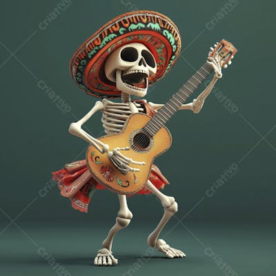 Ilustração 3D de Esqueleto Mexicano com Sombrero Tocando Violão em Fundo Vermelho para Celebração do Dia de Los Muertos