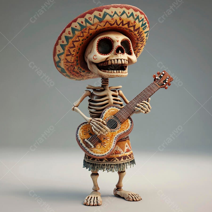 Esqueleto tocando violão com sombrero mexicano