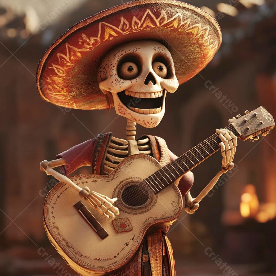 Esqueleto alegre tocando violão Dia dos Mortos