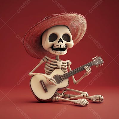 Ilustração 3D de Esqueleto Mexicano com Sombrero Tocando Violão em Fundo Vermelho para Celebração do Dia de Los Muertos