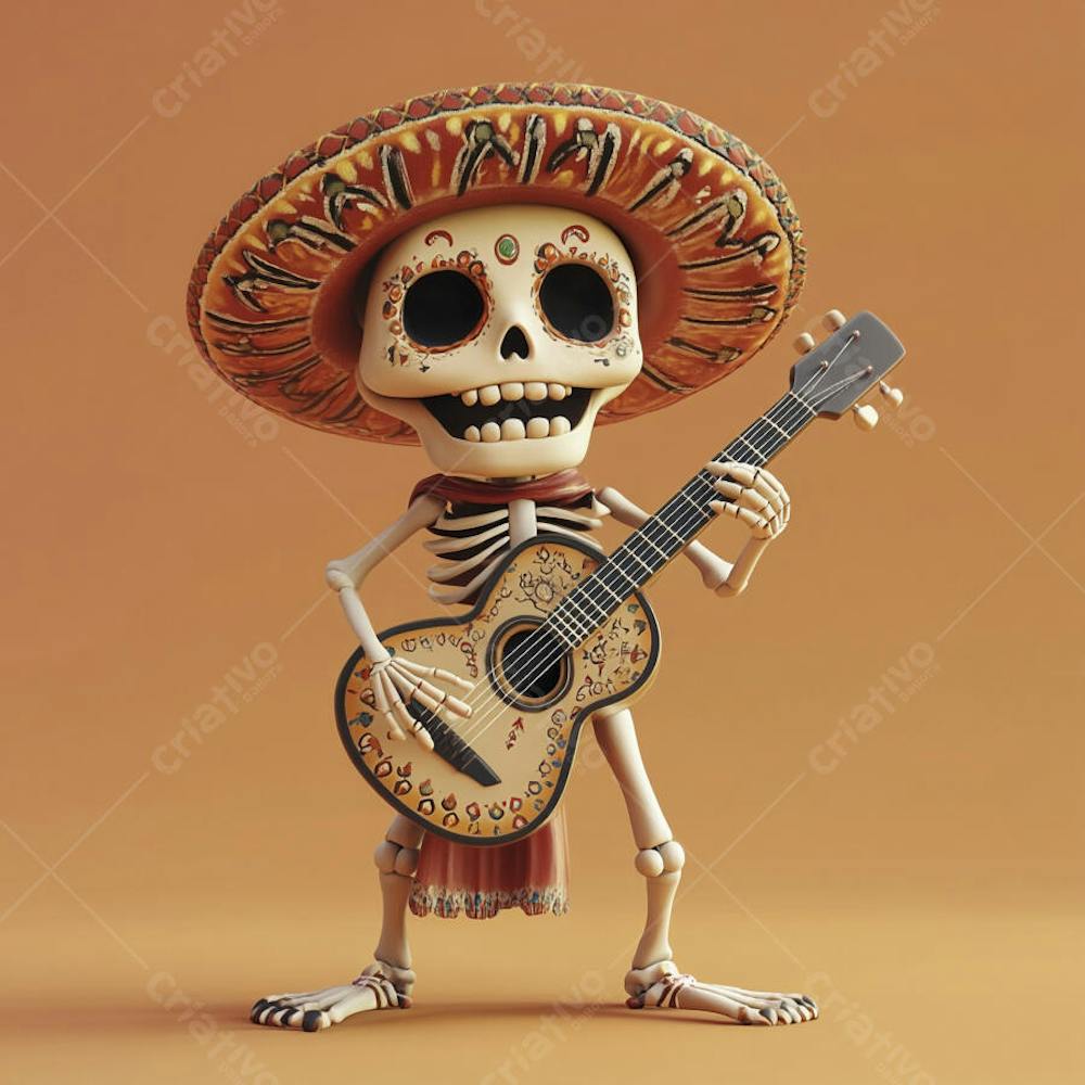 Ilustração 3D de Esqueleto Mexicano com Sombrero Tocando Violão em Fundo Vermelho para Celebração do Dia de Los Muertos