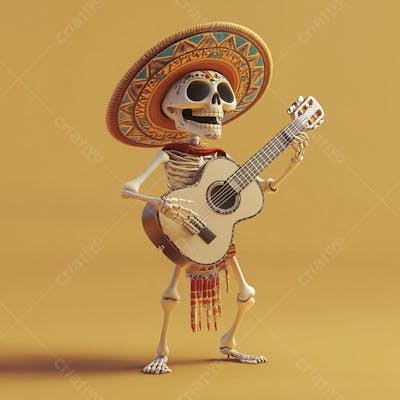 Ilustração 3D de Esqueleto Mexicano com Sombrero Tocando Violão em Fundo Vermelho para Celebração do Dia de Los Muertos
