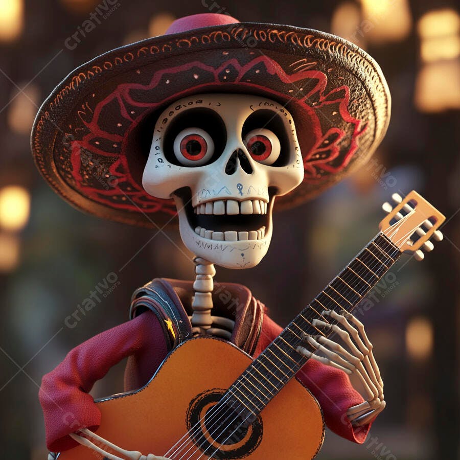 Esqueleto tocando violão Dia dos Mortos