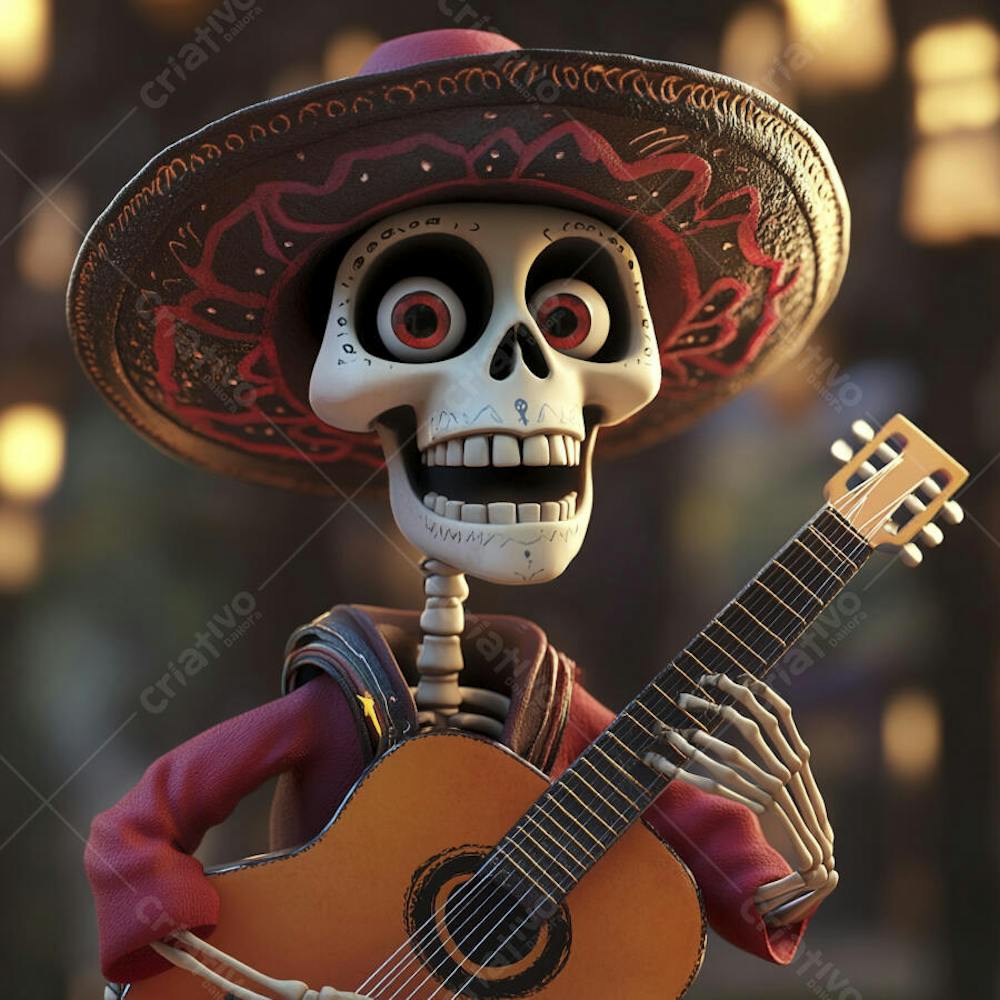 Ilustração 3D de Esqueleto Mexicano com Sombrero Tocando Violão em Fundo Vermelho para Celebração do Dia de Los Muertos