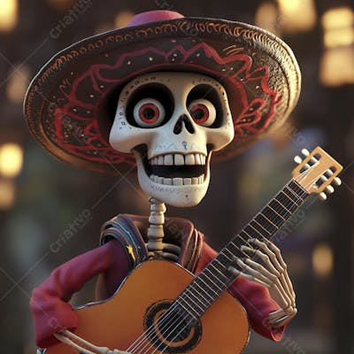 Ilustração 3D de Esqueleto Mexicano com Sombrero Tocando Violão em Fundo Vermelho para Celebração do Dia de Los Muertos