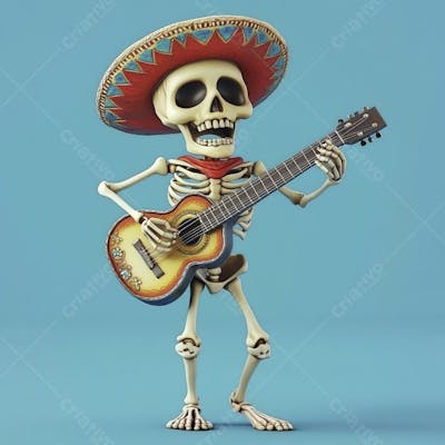 Ilustração 3D de Esqueleto Mexicano com Sombrero Tocando Violão em Fundo Vermelho para Celebração do Dia de Los Muertos