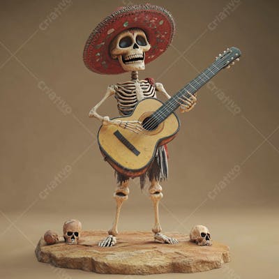 Ilustração 3D de Esqueleto Mexicano com Sombrero Tocando Violão em Fundo Vermelho para Celebração do Dia de Los Muertos