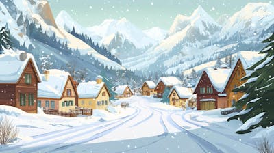 Ilustração Digital de Vila Alpina Coberta de Neve com Casas de Madeira e Montanhas ao Fundo em Estilo Cartoon