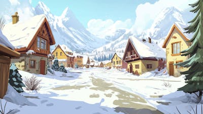 Ilustração Digital de Vila Alpina Coberta de Neve com Casas de Madeira e Montanhas ao Fundo em Estilo Cartoon