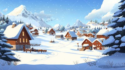 Ilustração Digital de Vila Alpina Coberta de Neve com Casas de Madeira e Montanhas ao Fundo em Estilo Cartoon