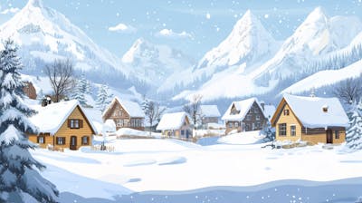 Ilustração Digital de Vila Alpina Coberta de Neve com Casas de Madeira e Montanhas ao Fundo em Estilo Cartoon