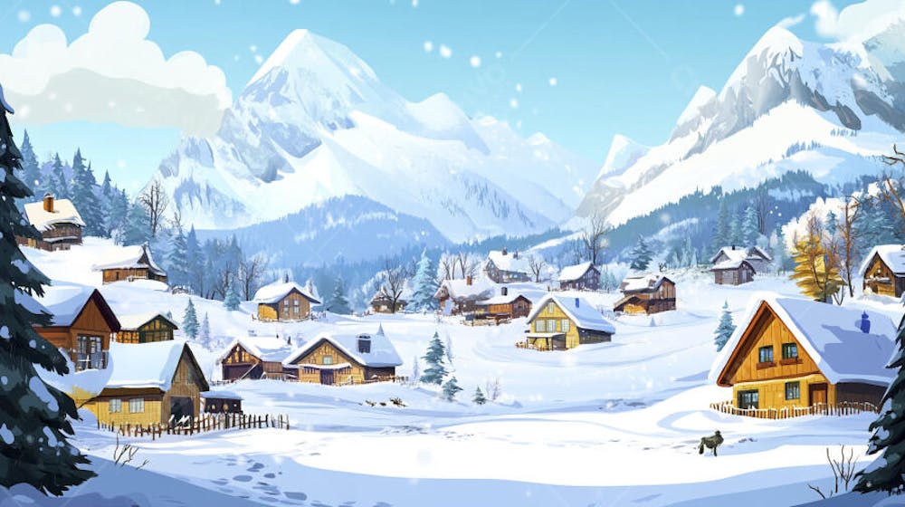 Ilustração Digital de Vila Alpina Coberta de Neve com Casas de Madeira e Montanhas ao Fundo em Estilo Cartoon
