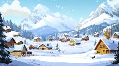 Ilustração Digital de Vila Alpina Coberta de Neve com Casas de Madeira e Montanhas ao Fundo em Estilo Cartoon