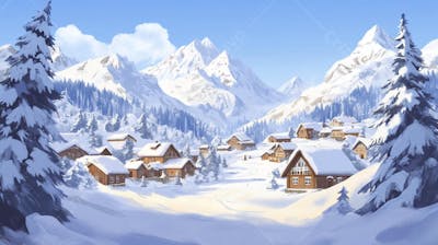 Ilustração Digital de Vila Alpina Coberta de Neve com Casas de Madeira e Montanhas ao Fundo em Estilo Cartoon