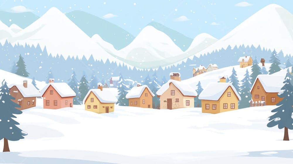 Ilustração Digital de Vila Alpina Coberta de Neve com Casas de Madeira e Montanhas ao Fundo em Estilo Cartoon