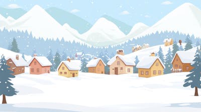 Ilustração Digital de Vila Alpina Coberta de Neve com Casas de Madeira e Montanhas ao Fundo em Estilo Cartoon