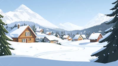 Ilustração Digital de Vila Alpina Coberta de Neve com Casas de Madeira e Montanhas ao Fundo em Estilo Cartoon