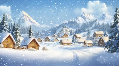 Ilustração Digital de Vila Alpina Coberta de Neve com Casas de Madeira e Montanhas ao Fundo em Estilo Cartoon