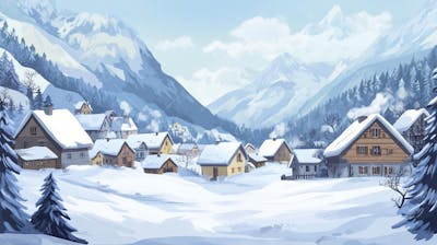 Ilustração Digital de Vila Alpina Coberta de Neve com Casas de Madeira e Montanhas ao Fundo em Estilo Cartoon